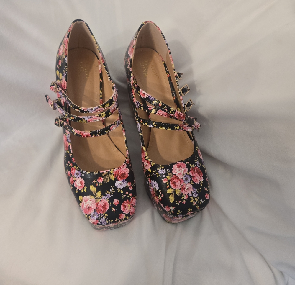 Dolls Kill Floral Triple-Strap Mary Jane Heels in Black and Pink